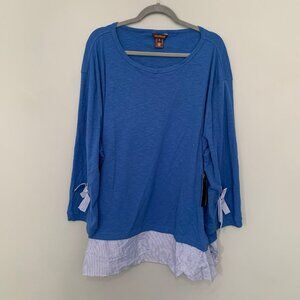 NEW Multiples Womens 3X Blue Slub Knit Layered Pinstripe Hem Bow Cuff‎ Top